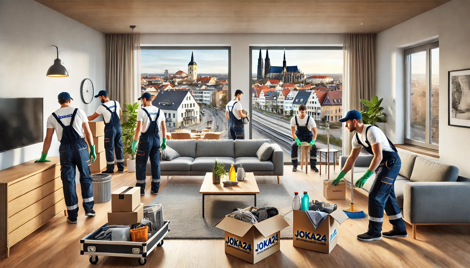 Das Team von JOka24 bei der professionellen Wohnungsräumung in Heinsberg, zeigt Effizienz und Zuverlässigkeit mit der schönen Skyline der Stadt im Hintergrund durch die Fenster sichtbar.